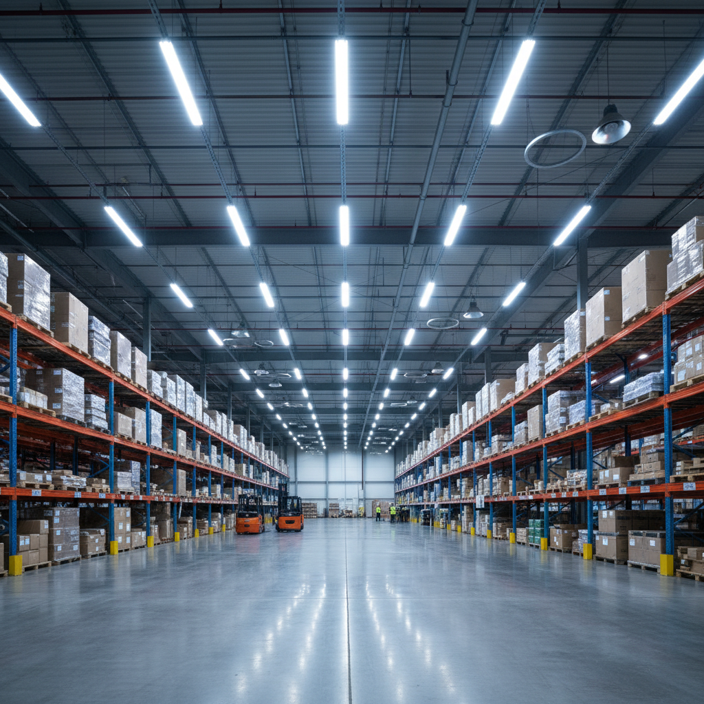 Large plastic household goods warehouse with stacked containers and organized shelving, industrial lighting, professional logistics environment
