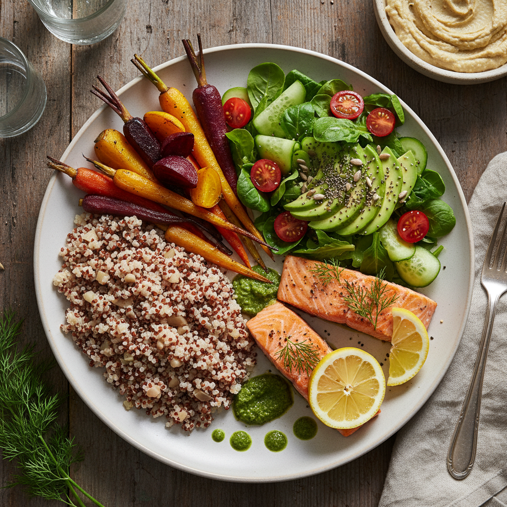 Plato de comida casera deliciosa con colores vibrantes, tabla de madera, fondo oscuro cálido