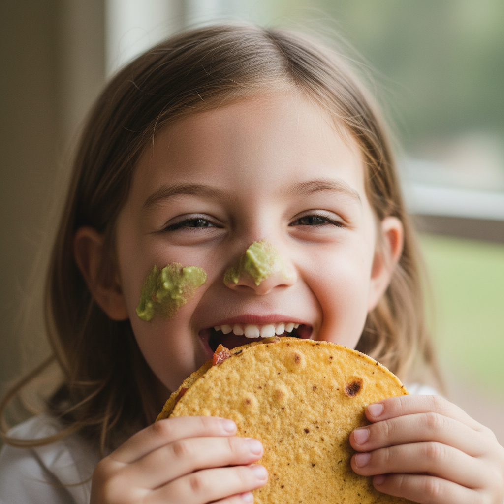 Young girl mid-bite into a taco with guacamole on her nose laughing