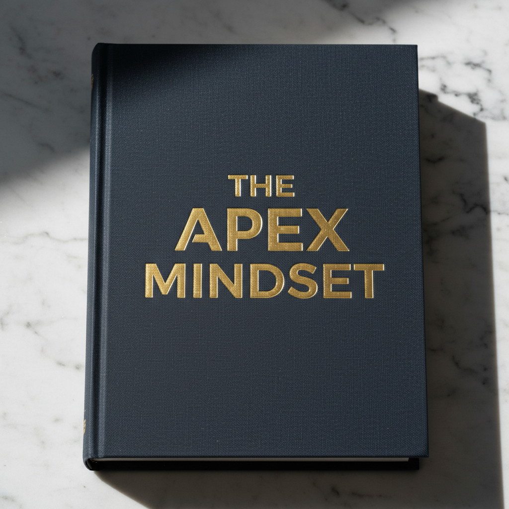 Dark navy hardcover book with gold embossed title The Apex Mindset on a marble surface