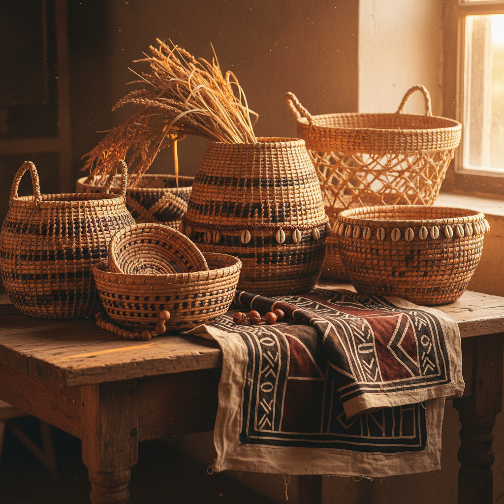 Woven baskets and mud-cloth textiles in warm amber light