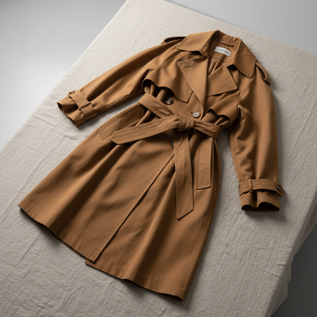 Classic camel trench coat hanging on minimal white rack, bright studio, clean shadows