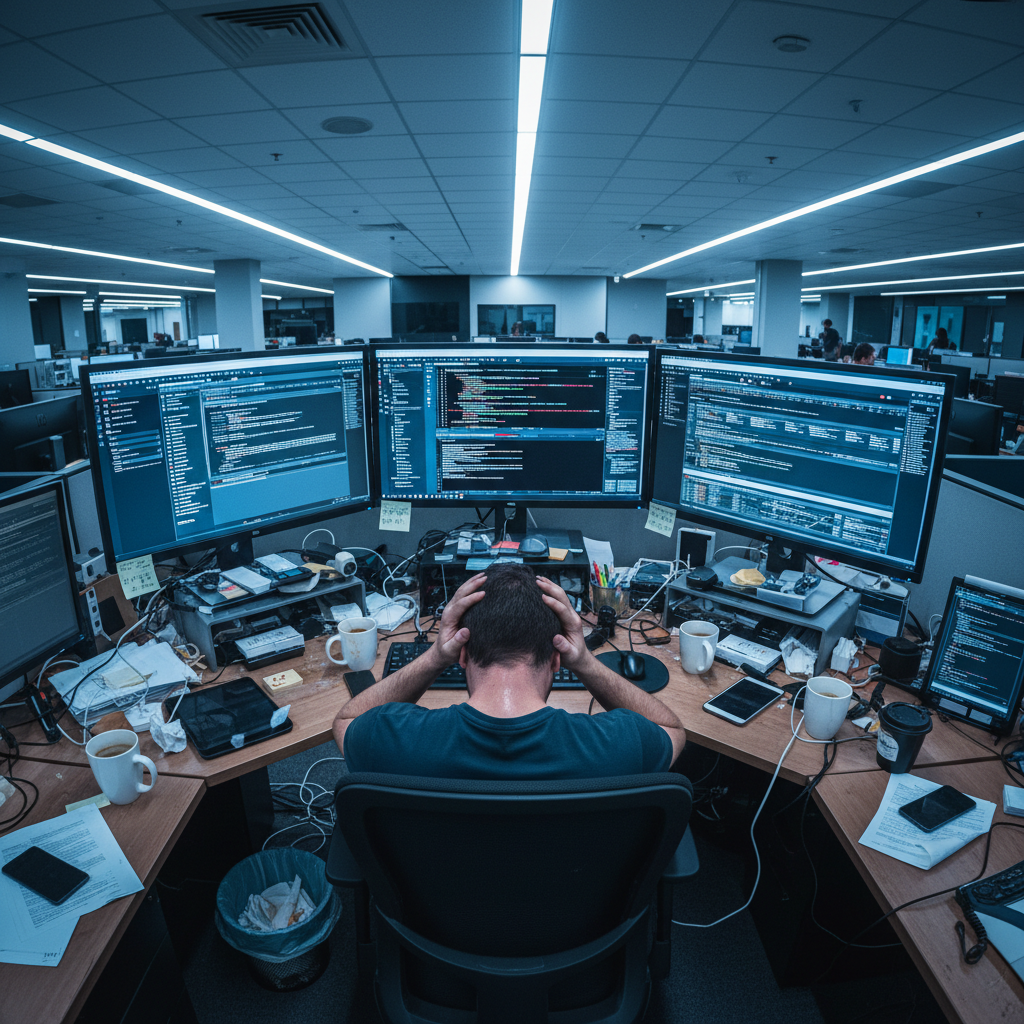 Stressed person at desk with multiple monitors and coffee cups