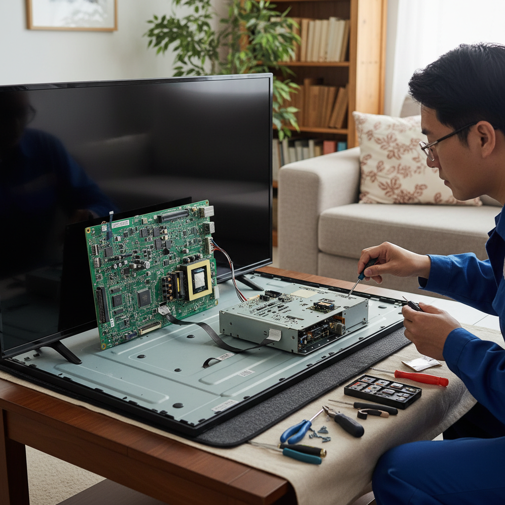 Technician repairing the back panel of a large flat screen TV in a well-lit workshop