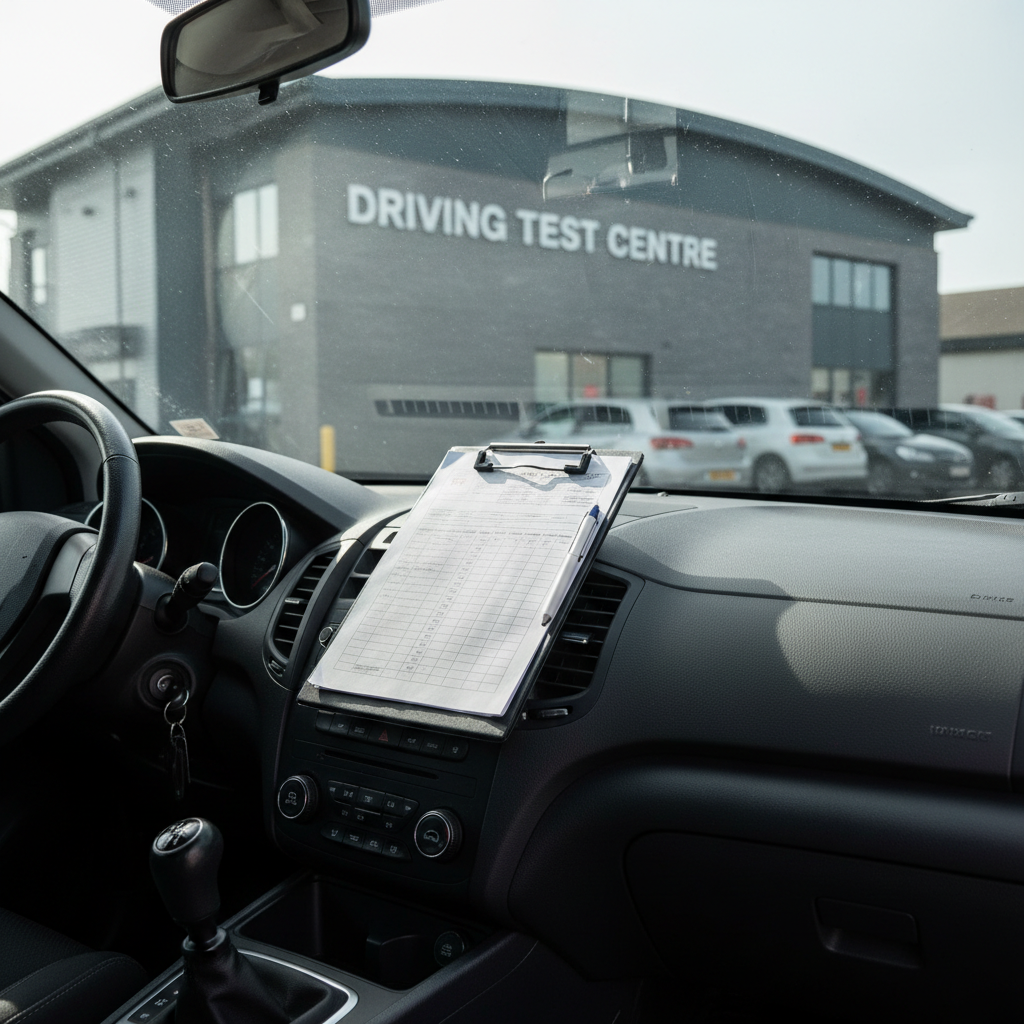 View from passenger seat showing instructor's clipboard resting on dashboard with test centre visible through windshield in soft focus