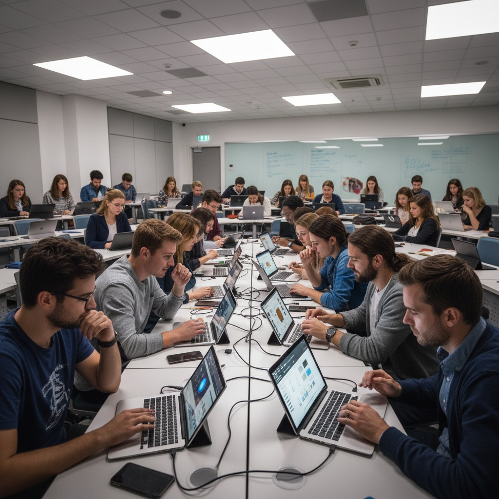 Students using digital learning platform on laptops in a modern classroom