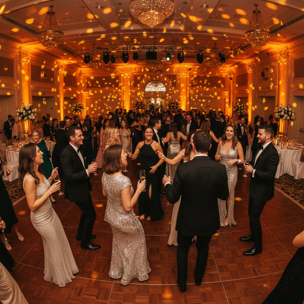 Guests dancing at elegant corporate gala with warm amber bokeh lighting