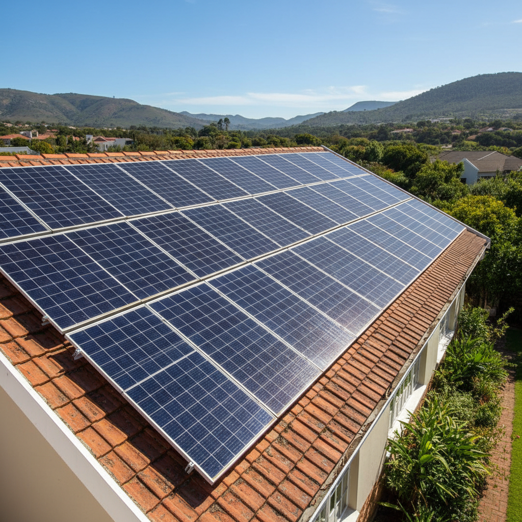 Residential solar panel installation on tiled roof, Centurion suburb, bright South African sunshine
