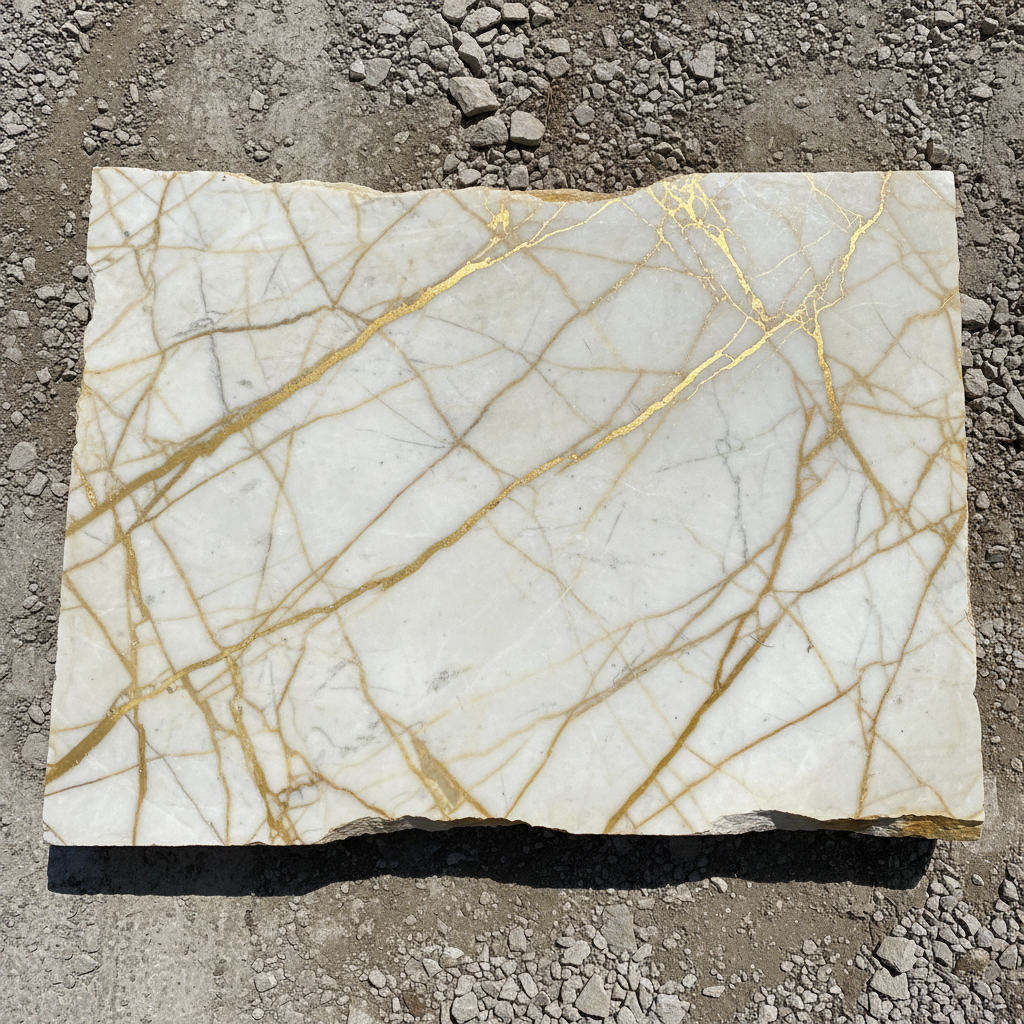 Finished Calacatta Oro kitchen countertop installed in modern white kitchen with eased edges and continuous gold vein pattern