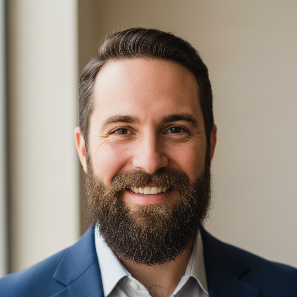 James O'Brien profile photo, man with beard smiling, warm neutral background, professional headshot