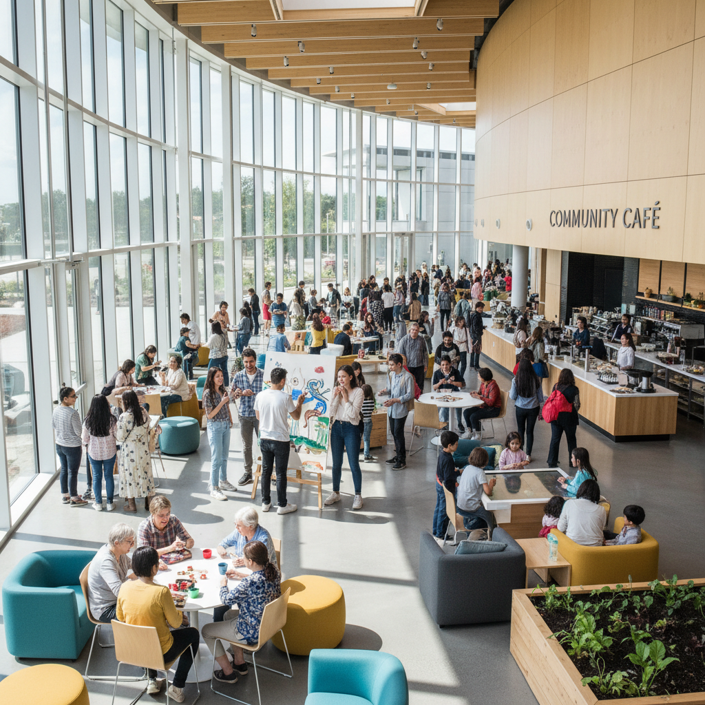 Diverse group of people in a bright modern public space — community, connection, and civic life in a well-functioning society