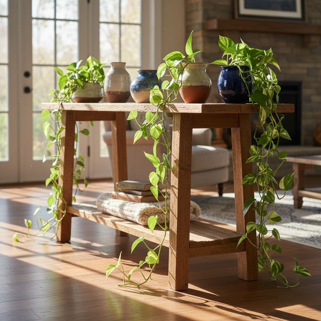 Reclaimed oak console with handmade ceramic vessels and trailing pothos in a staged living room