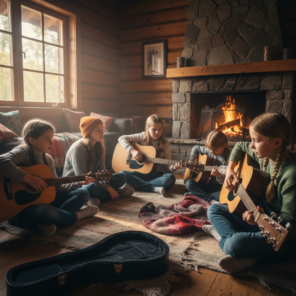 Kids sitting cross-legged in cabin learning guitar together