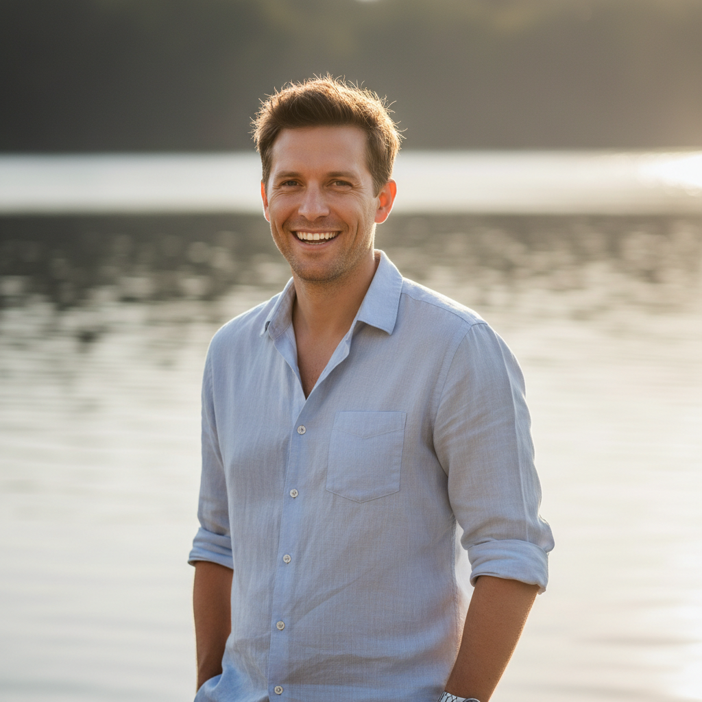 Man in his 30s smiling outdoors near water