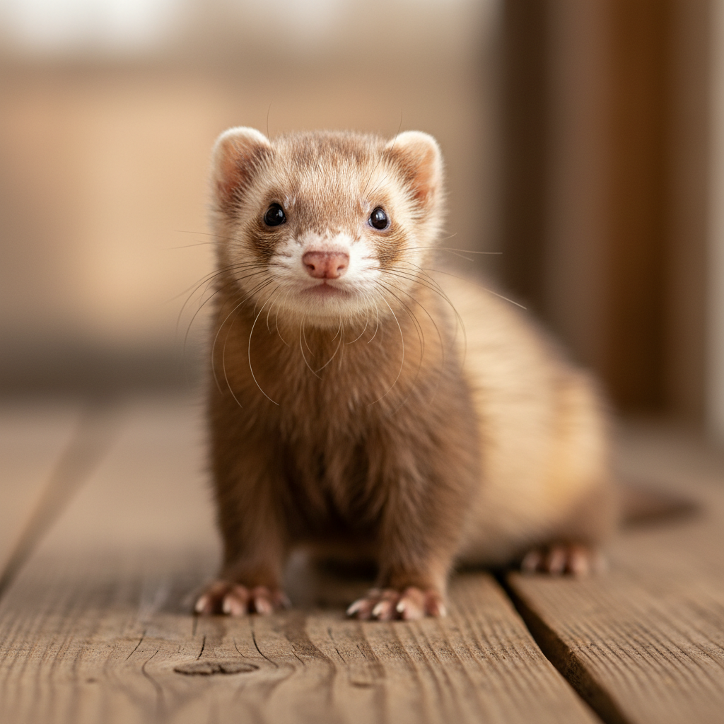 Biscuit the ferret with bright eyes standing on a wooden surface