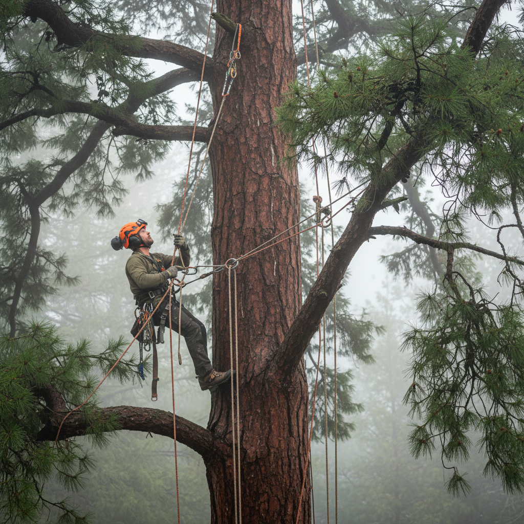 Arborist climber ascending a large pine tree with rigging equipment on a foggy San Francisco morning