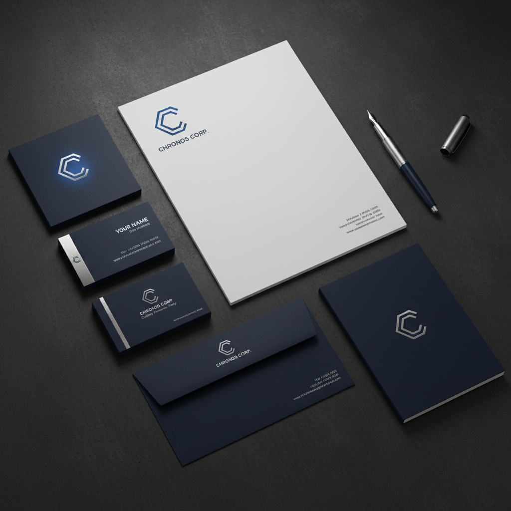Professional business cards and corporate stationery on dark background, clean minimal design, premium printing
