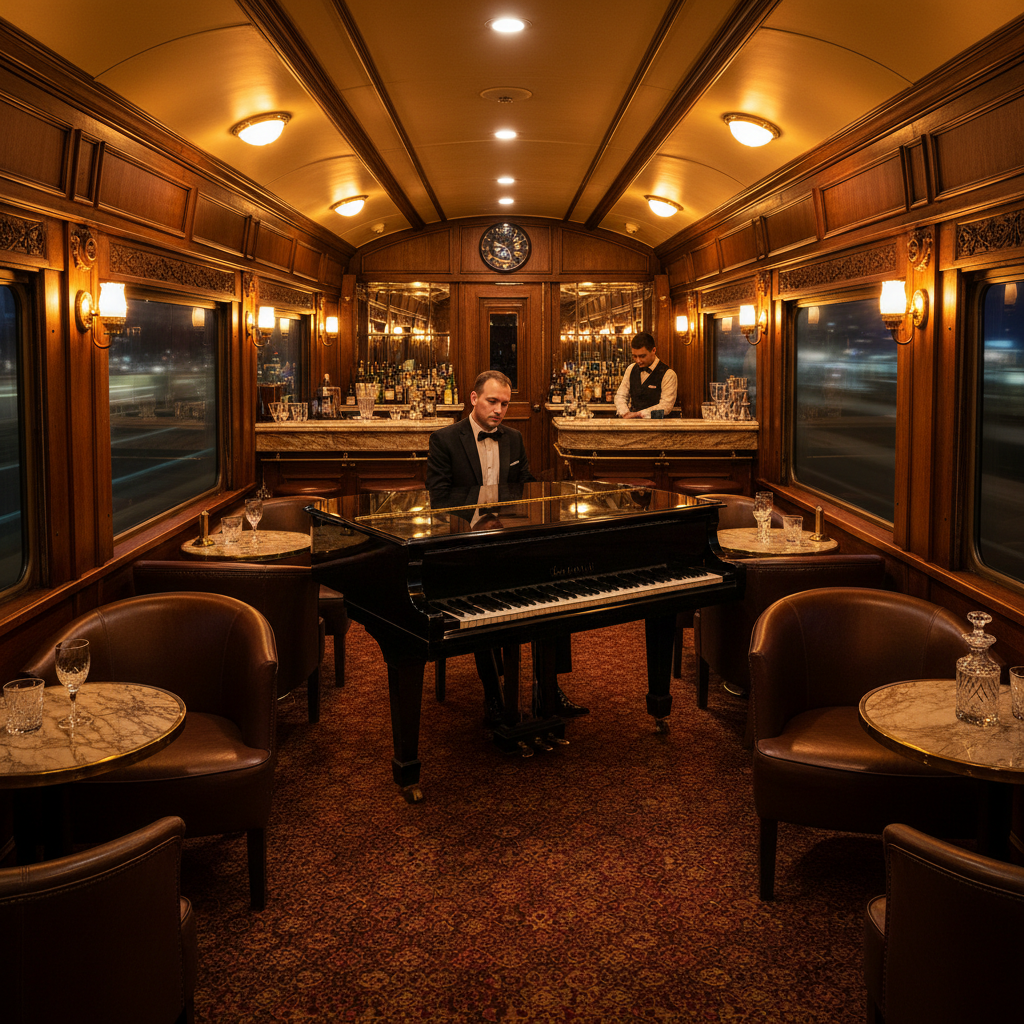 Luxury train bar car at night with dark wood paneling, amber lighting, leather armchairs, and a grand piano being played by a tuxedoed pianist