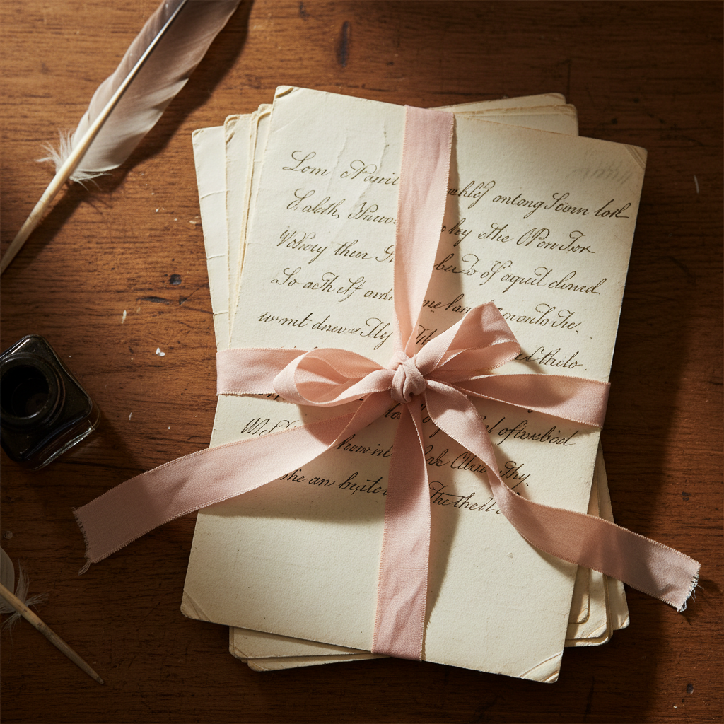 Stack of handwritten letters tied with ribbon on a wooden desk near a window