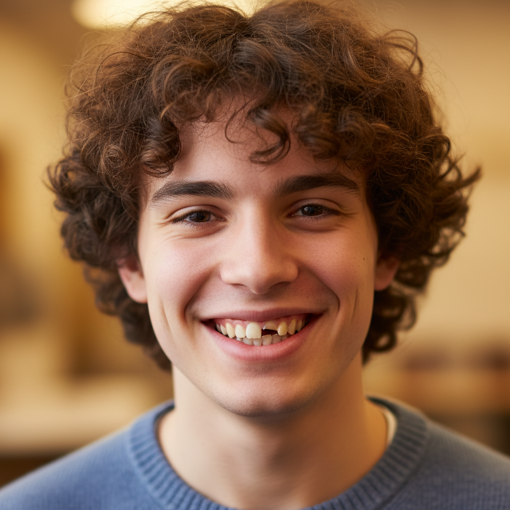 Young student with gap-toothed smile in school portrait setting with soft studio lighting