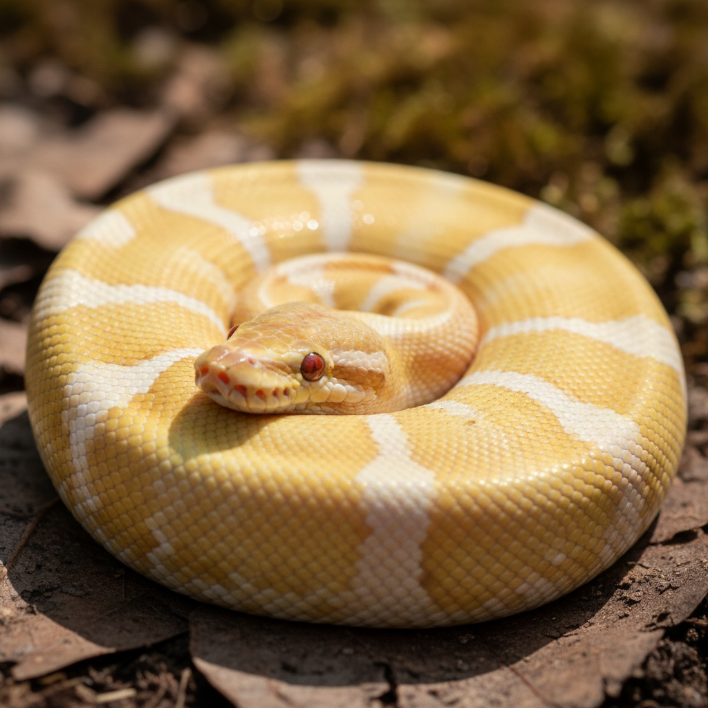 Bright yellow albino pastel ball python Priya's daughter received