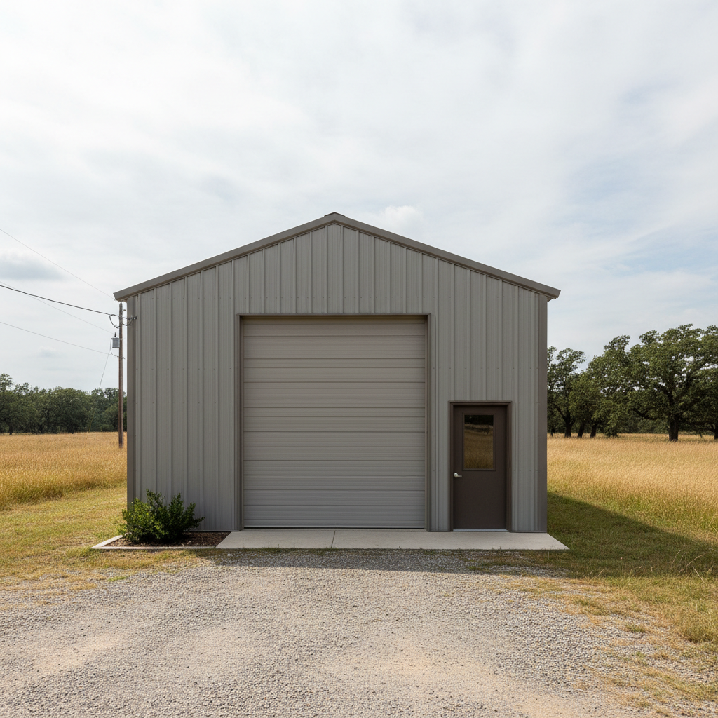 Residential steel-sided shop building with overhead door and man door on a rural property