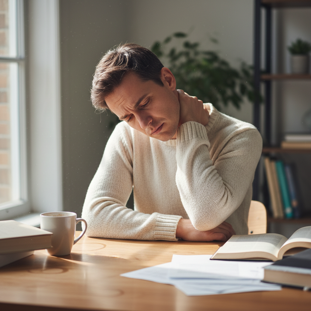 Person sitting at a desk looking tired, rubbing their neck