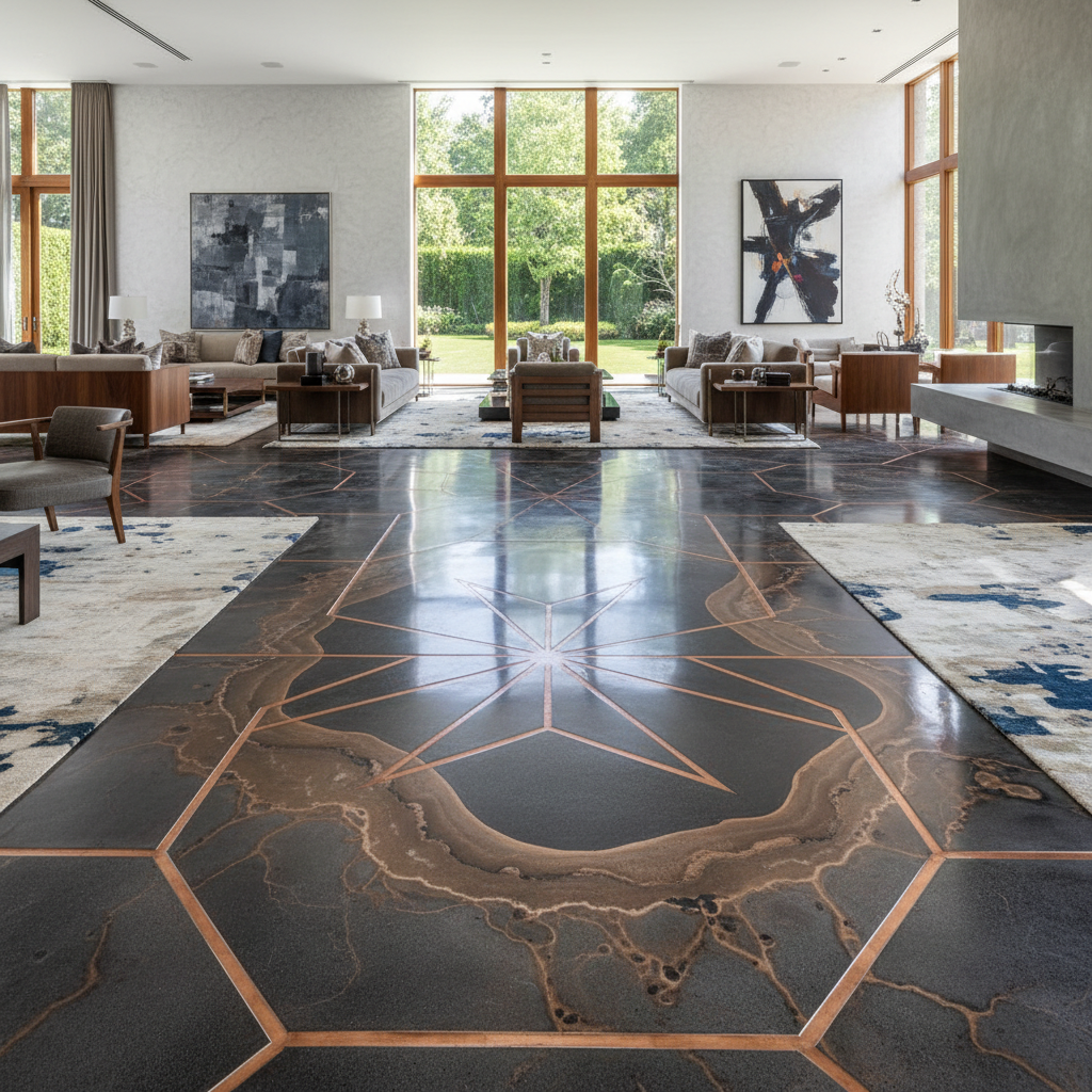 Decorative concrete floor finish with warm earth tones and custom texture in a Louisville residential interior