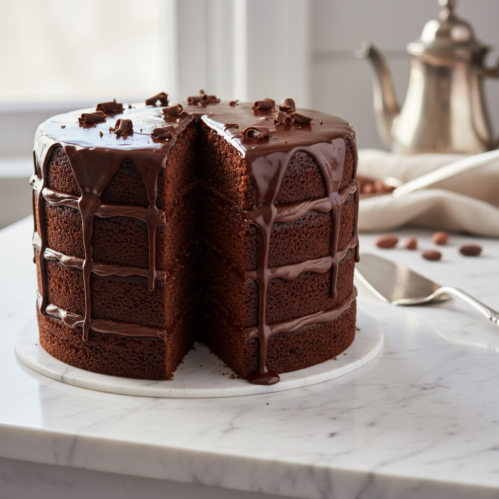 Whole layered chocolate cake with dark ganache drip on black surface, dramatic low-key studio lighting, deep shadows