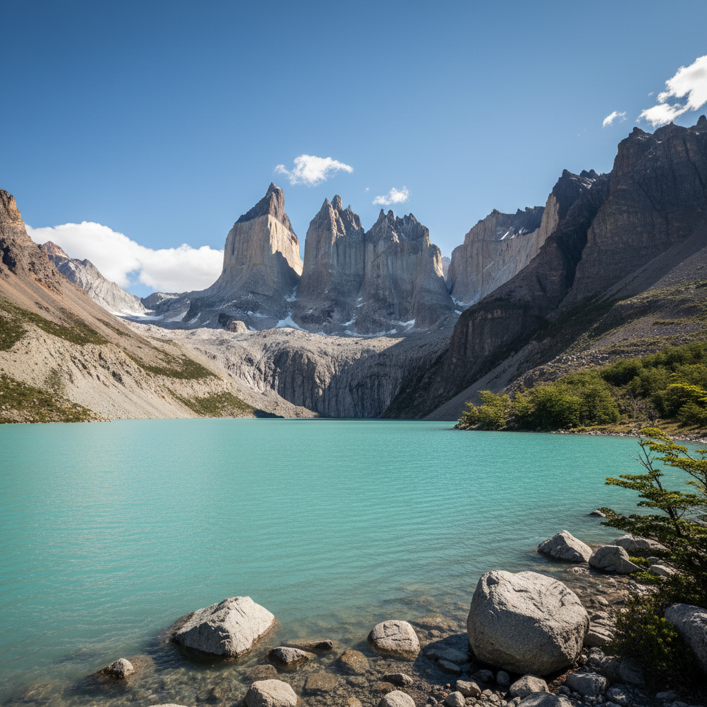 Towering granite spires of Torres del Paine, dramatic storm clouds, dark turquoise glacial lake, low-key wilderness landscape