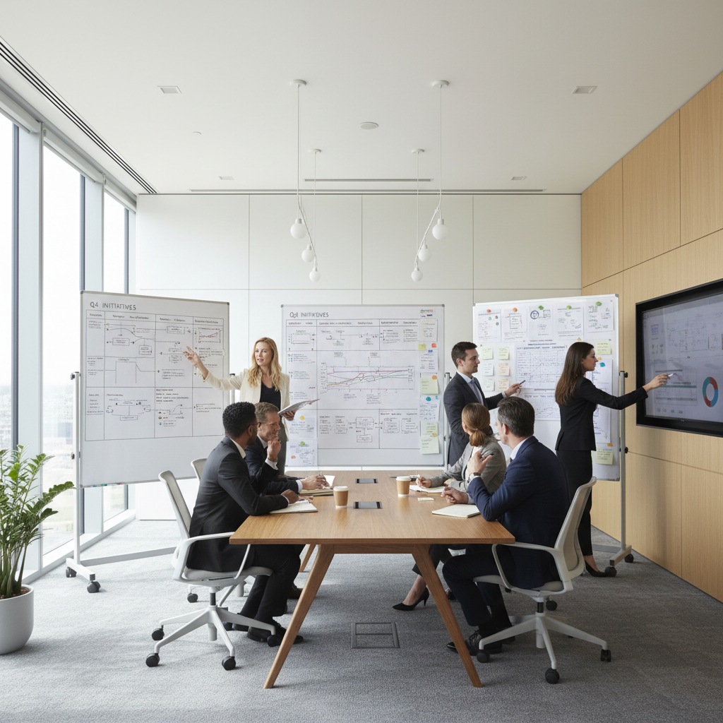Group of professionals in a bright modern meeting room engaged in animated discussion, collaborative atmosphere