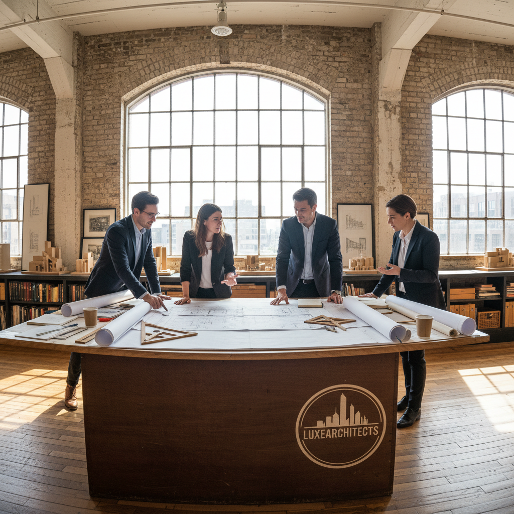 Architect reviewing hand-drawn plans on a white drafting table in a bright, minimalist studio