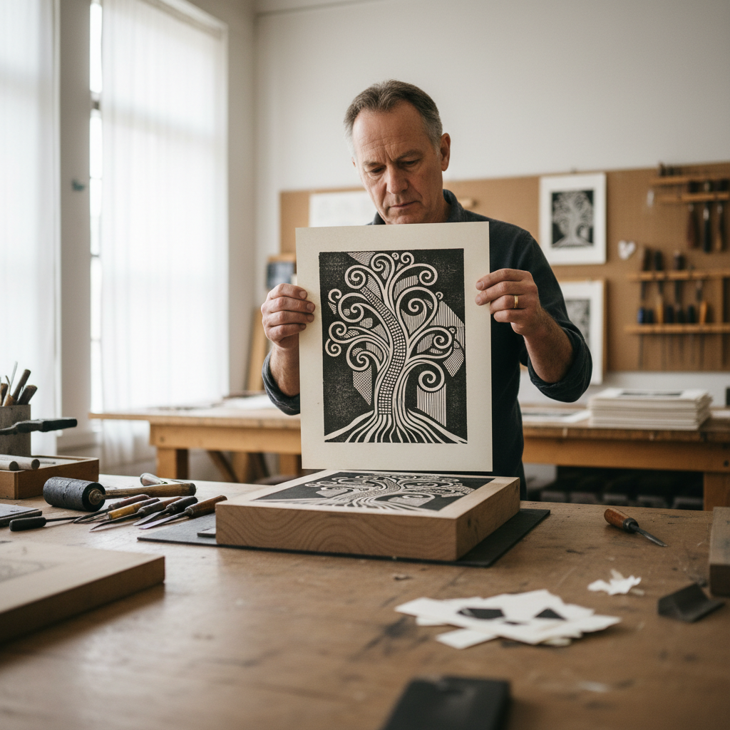 Darnell Okafor, relief printing instructor, examining a freshly pulled woodcut print