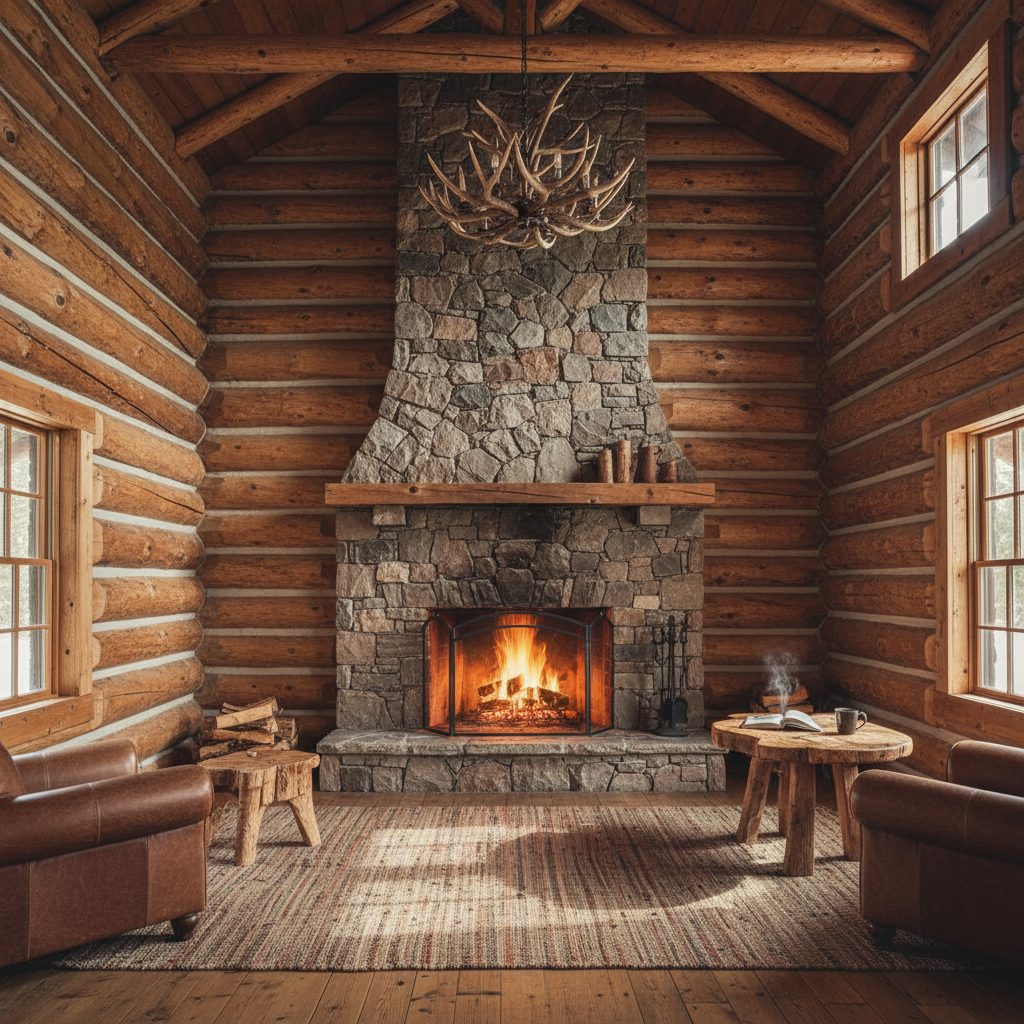 Interior of hewn log cabin showing visible grain on log walls and stone fireplace