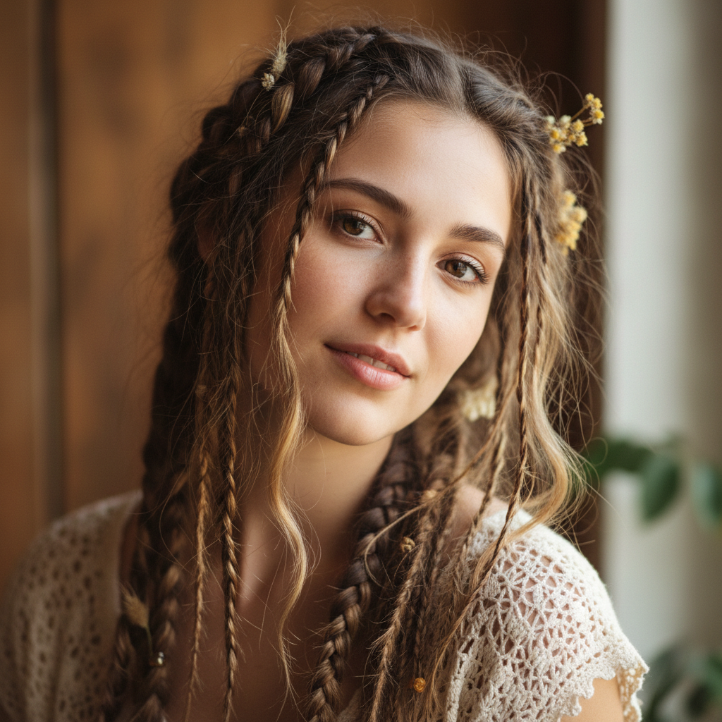 Woman with boho knotless braids and curly ends