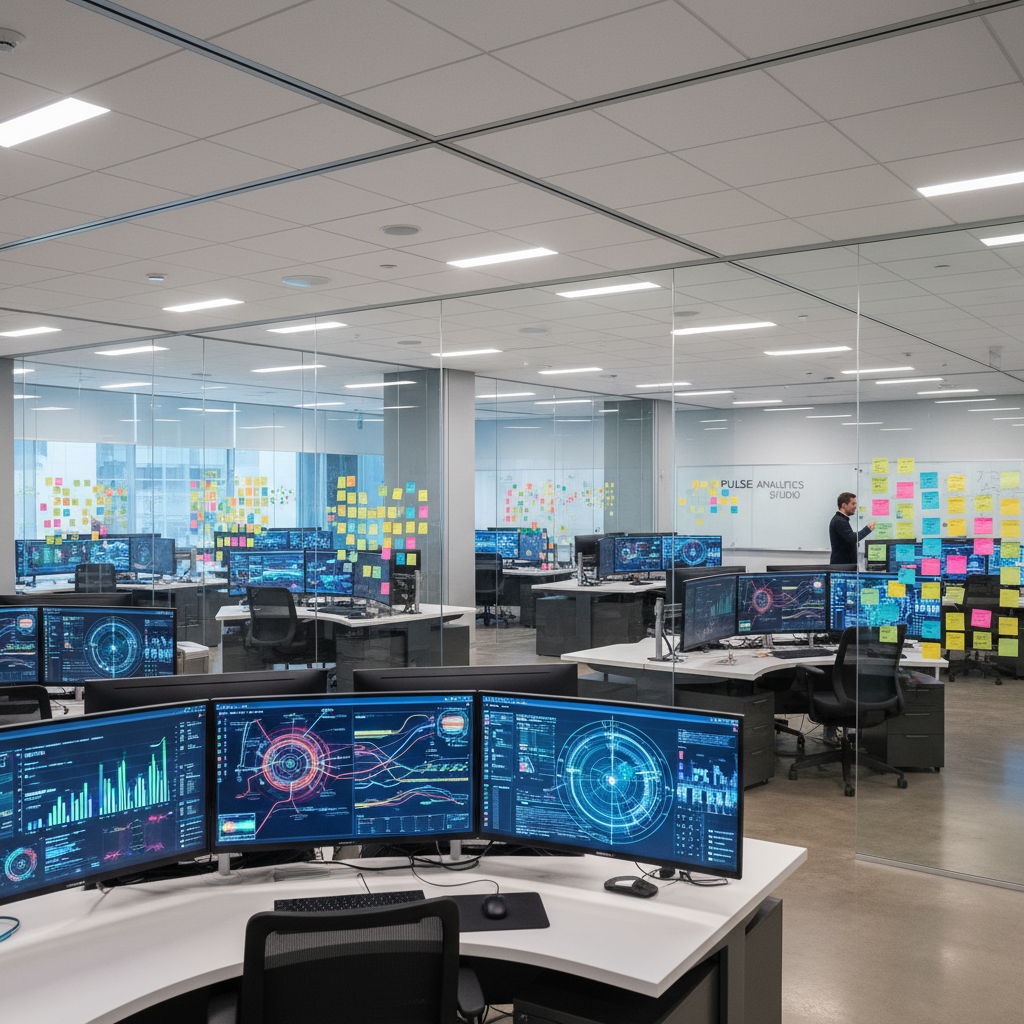 Pulse analytics studio interior with monitors displaying data visualizations and sticky notes on glass walls