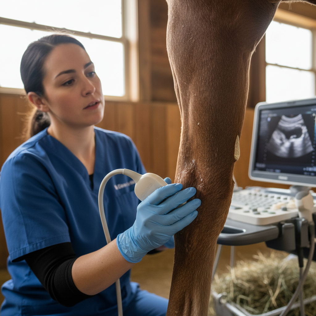 Veterinarian examining a horse leg in a barn aisle