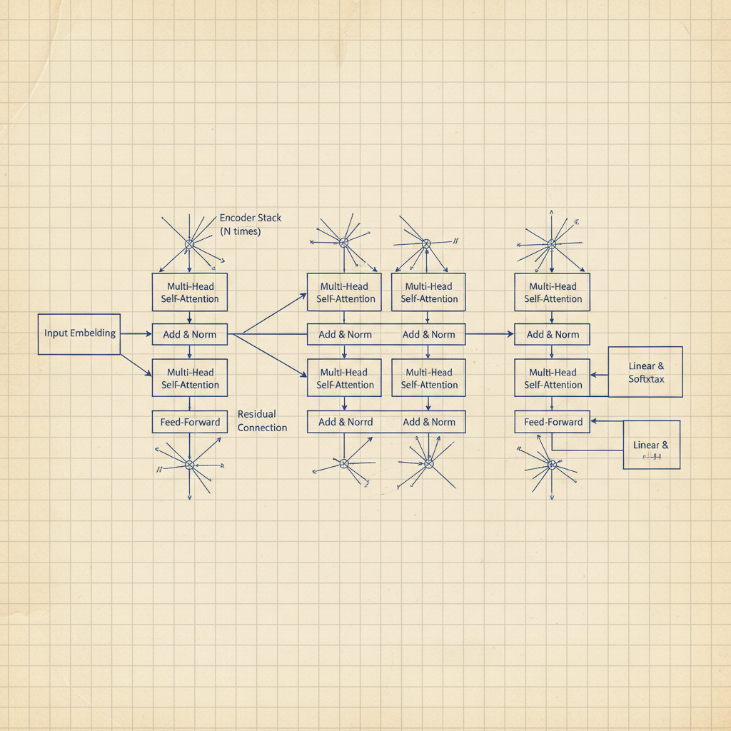 Transformer architecture diagram with attention mechanism visualization