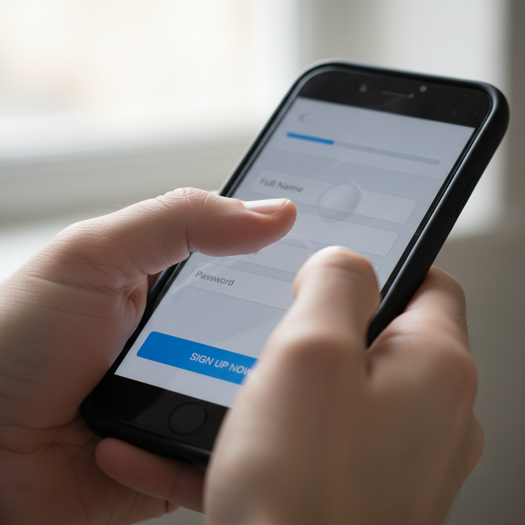 Smartphone registration screen showing a simple sign-up form