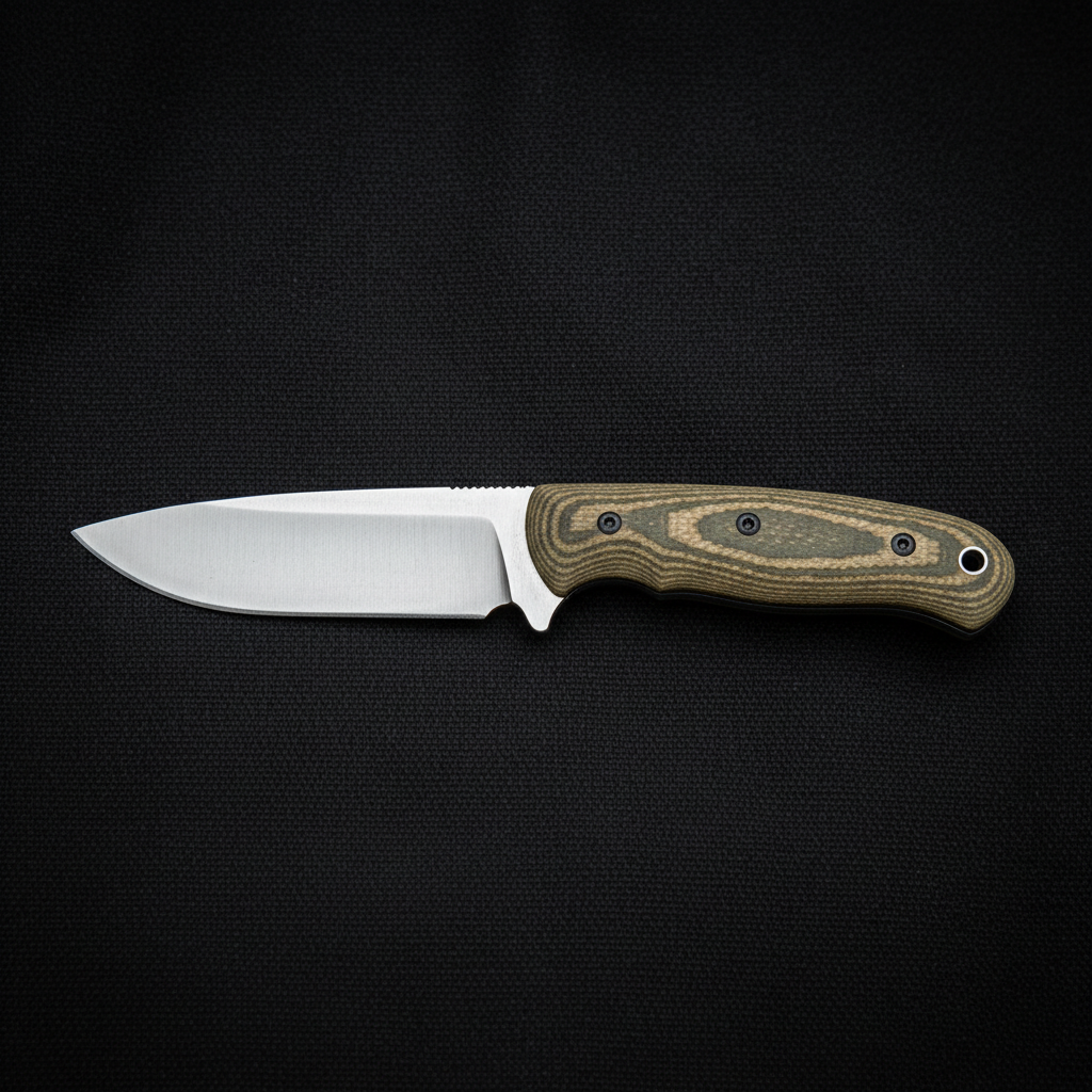 Small hunting knife with micarta handle and full flat grind, photographed on dark fabric with leather sheath