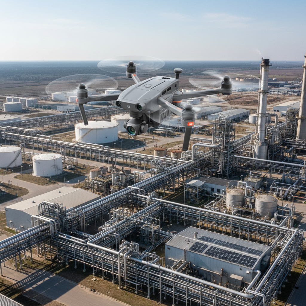 Aerial drone view of industrial infrastructure from above, dark atmospheric industrial landscape, deep shadows, moody overcast sky