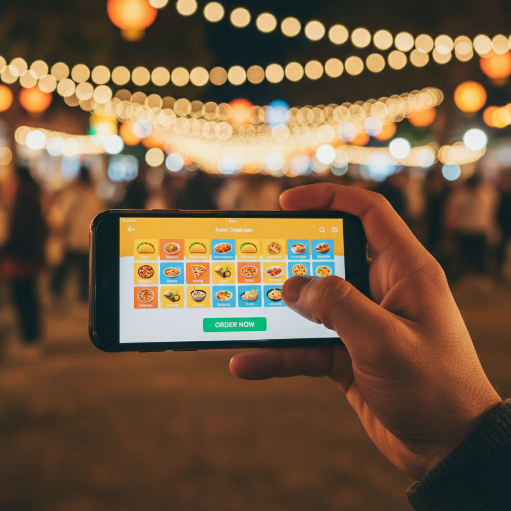 Person ordering ice cream on smartphone, dark moody background, rich deep shadows, dim atmospheric lighting