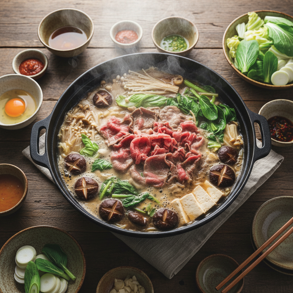 Overhead view of sukiyaki spread on wooden table, cast iron pot bubbling