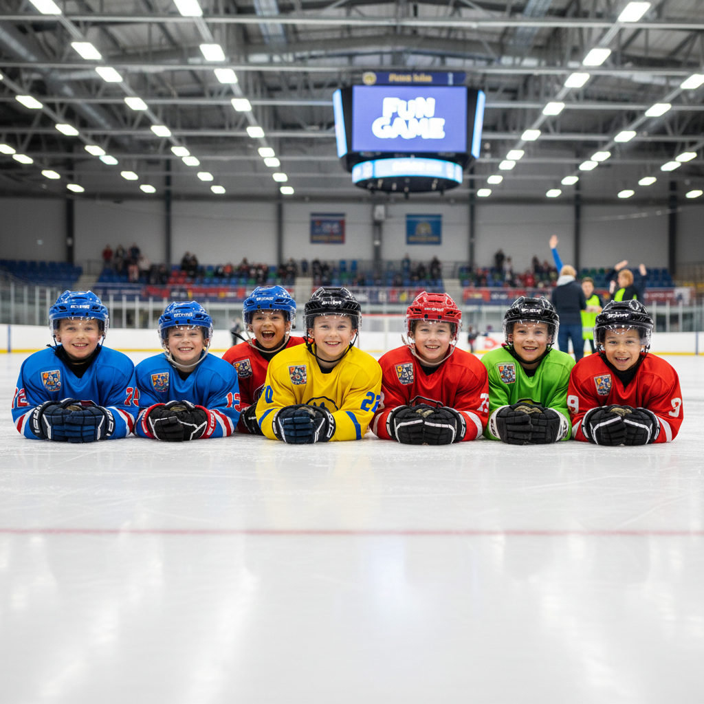 Birthday party of kids with helmets posing at the ice rink boards
