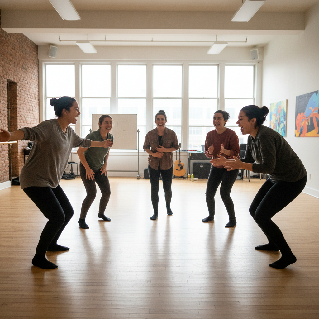 Group of improvisers warming up in a circle in a rehearsal space, laughing and gesturing