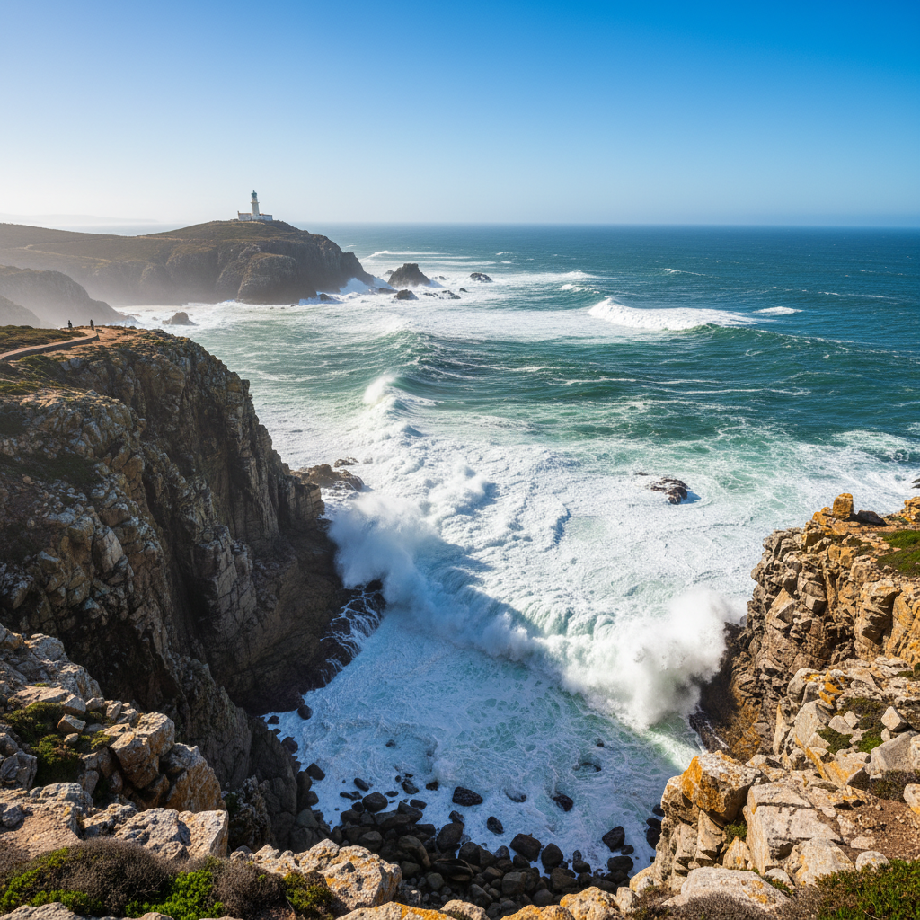 Cape Point national park dramatic cliffs meeting the Atlantic ocean on a clear blue day