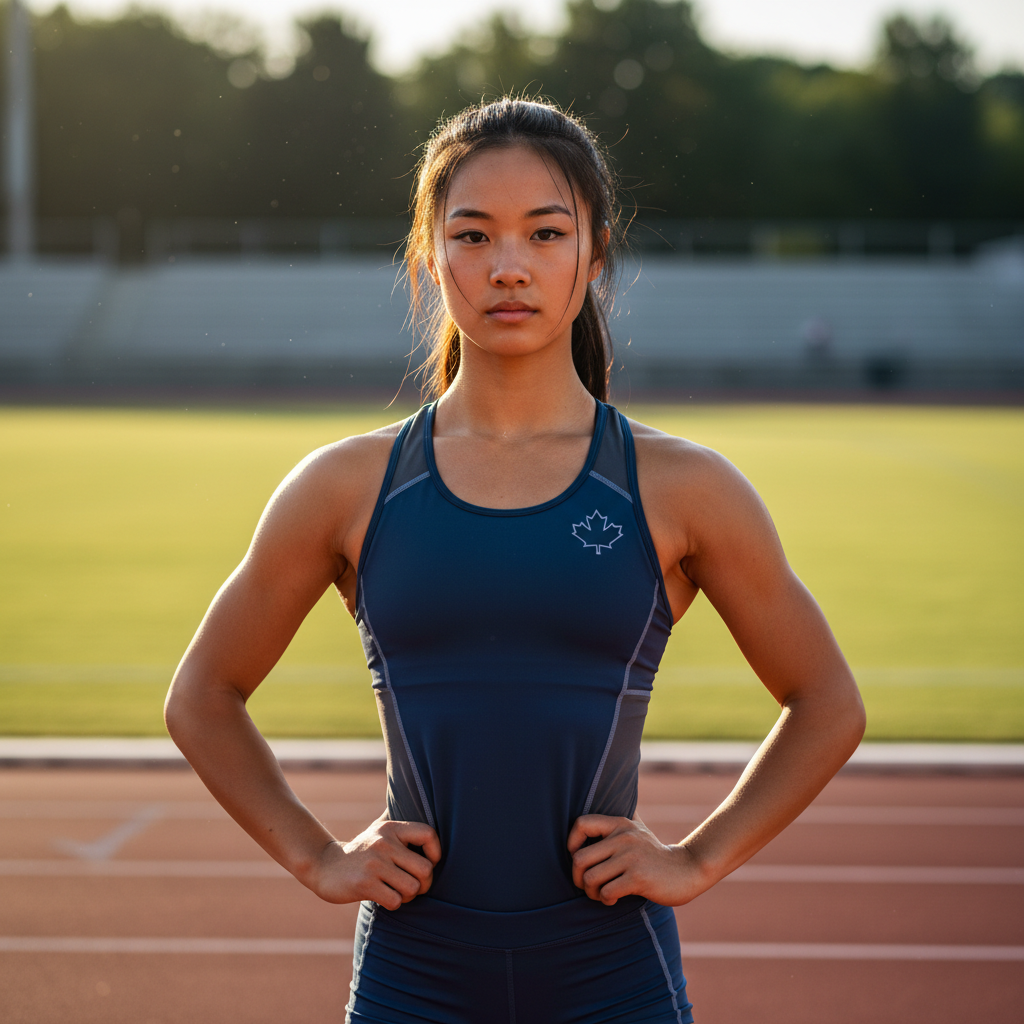 Young Chinese-Canadian teenage girl with athletic build and determined expression