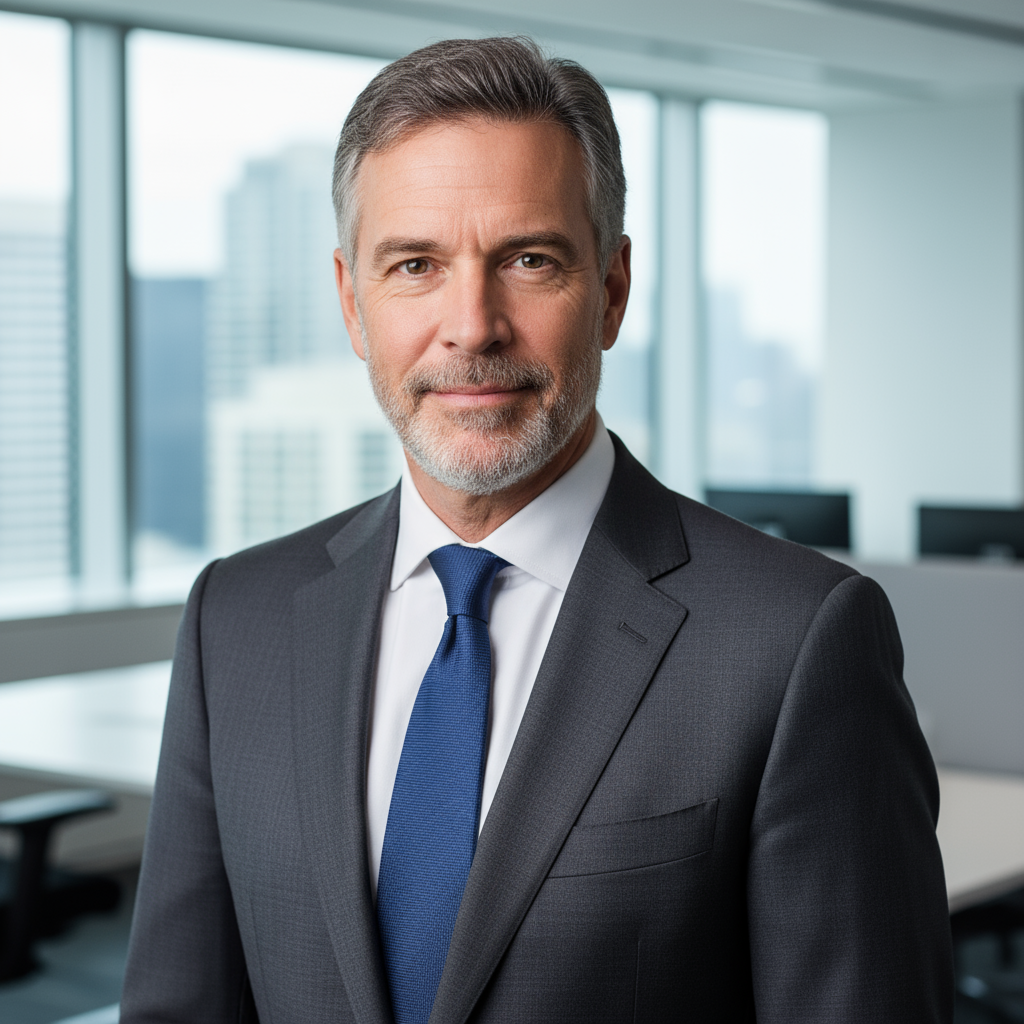 Middle-aged man with gray hair in dark suit standing in modern corporate office