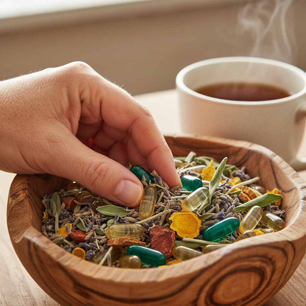 Loose leaf herbal tea blend with dried flowers and herbs in ceramic bowl, steam rising