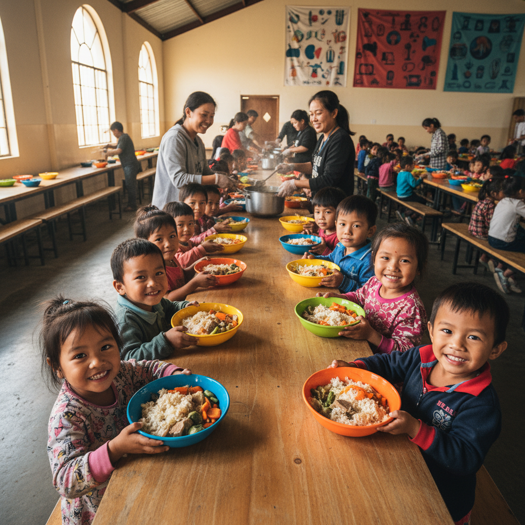 African children receiving food at community kitchen, warm candlelit environment, wooden bowls, joyful expressions